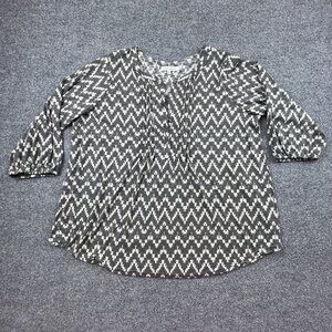 Rose + Olive 1X Black White Geometric Print Henley Tunic Top 3/4 Sleeve